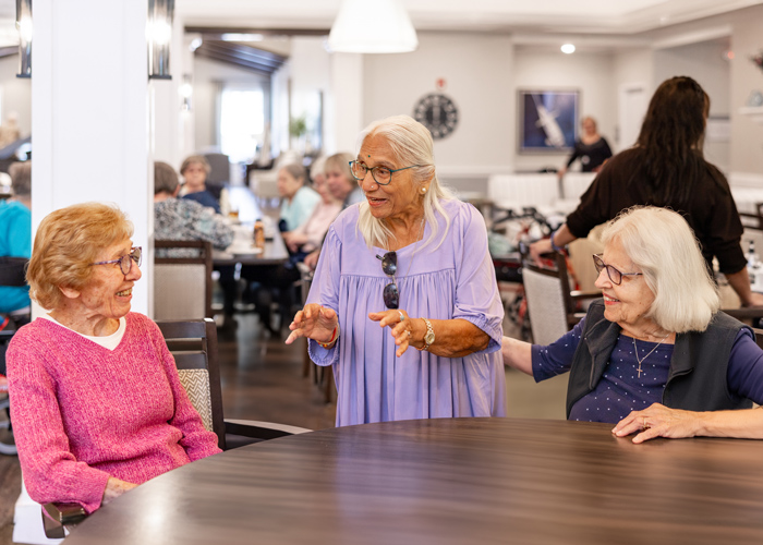 Three senior residents engage in lively conversation at a round table in a bright, bustling dining room, smiling and enjoying their time together, with other residents in the background.