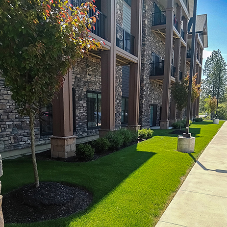 The exterior of Vitalia Highland Heights, landscaped with flower beds and trees.