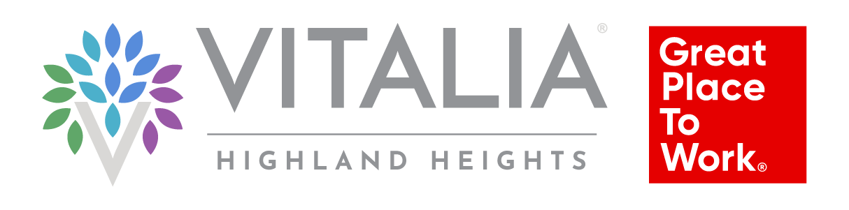 Vitalia Highland Heights logo features the Great Place to Work badge, highlighting the community’s certification and commitment to a supportive workplace culture.
